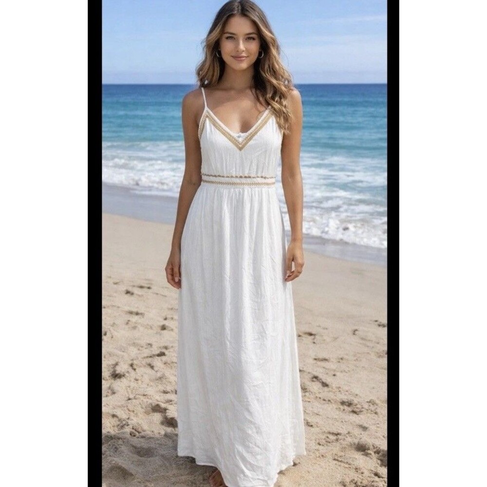 White M Maxi Dress Coastal Preppy Ivory Cotton Peasant Boho Embroider Sleeveless